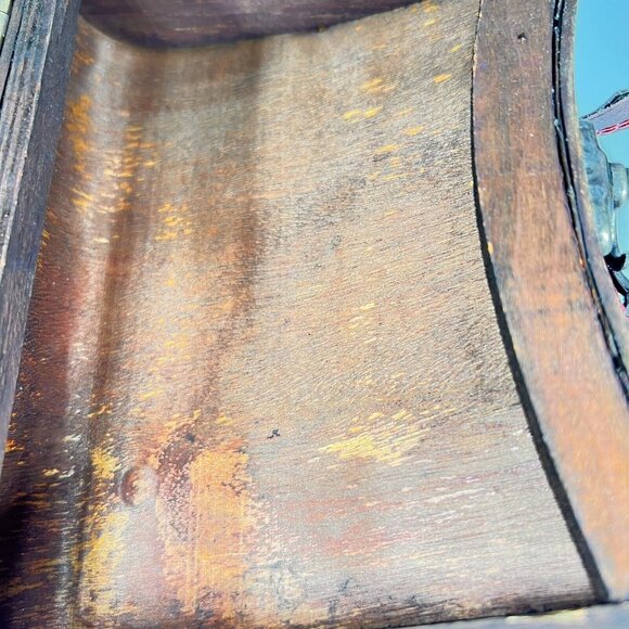 Vintage Wooden & Woven Leather Handbag Purse Brass Latch Hinges Straps - Picture 9 of 16